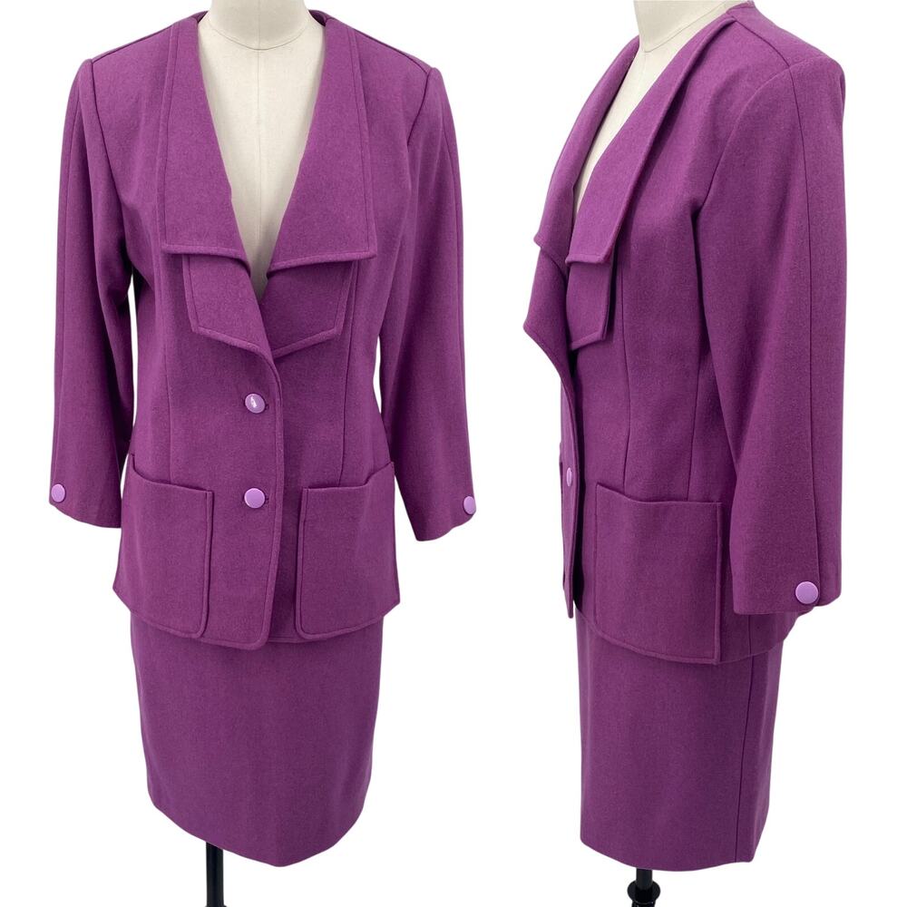 Vintage 70s Skirt Suit Double Lapel Collared Blazer Pencil Skirt Purple Womens 4